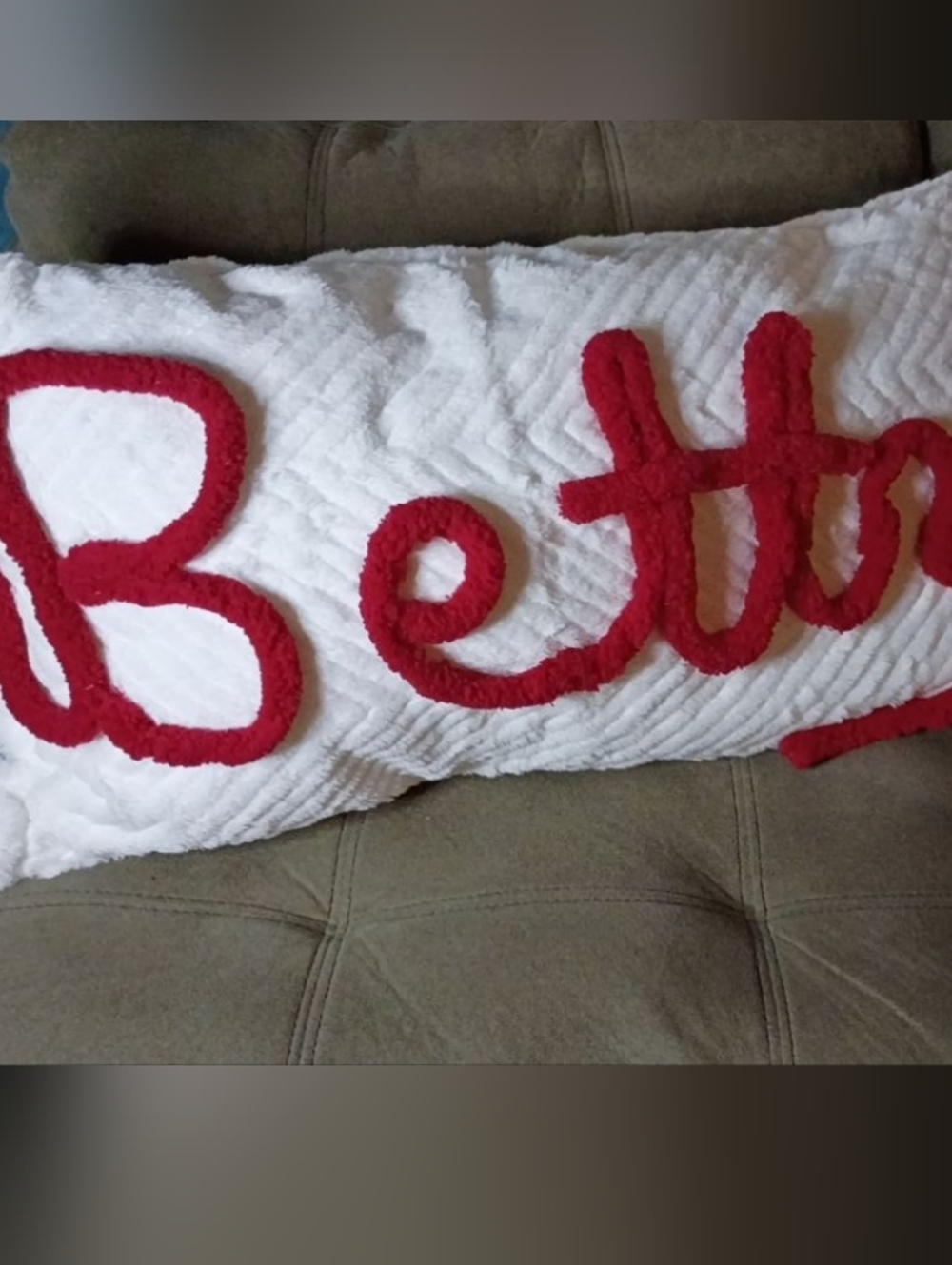 White Pillow with Red Script "Betty"